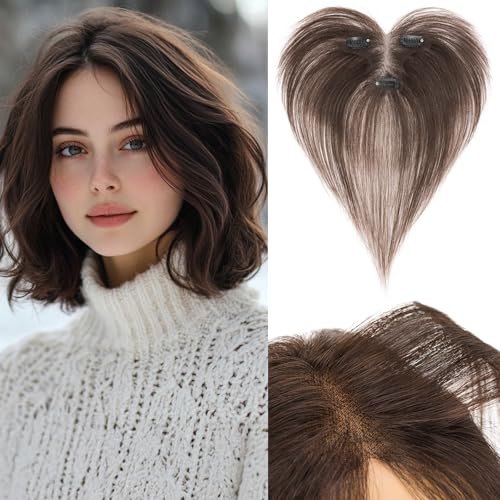 Benehair Echthaar Hair Topper für Frauen, 13g Haare Topper Echthaar Seitlicher Pony, 27CM Haartopper mit Bange, Menschliches Haar Toppers Oberkopf T Spitze Basis, Mokkabraun Haar für Damen mit Dünnem