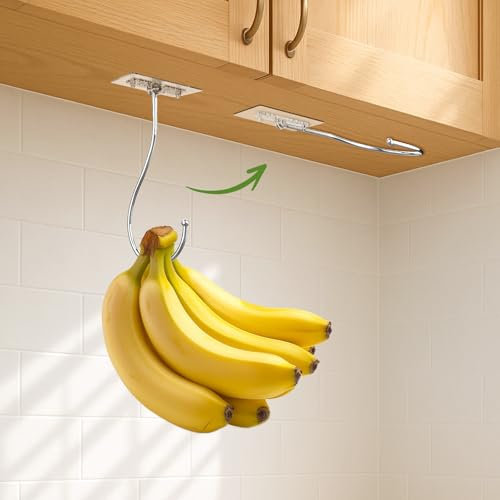 Latoxcaa Banana Holder to Keep Fresh 2Pcs, Self Adhesive Banana Hooks for Hanging, Folding Banana Hanger Under Cabinet 15lb(Max), Large Heavy Duty Hooks, Hanging Items in Kitchen, Mental 16CM