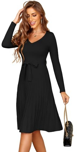 Zeagoo Robe Pull Hiver Femme Chic et Élégant Col V Robes en Tricot à Manches Longues Casual A Ligne Robe avec Ceinture Noir S