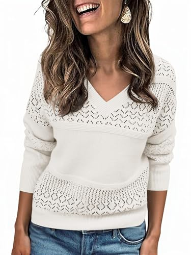 Saodimallsu Suéter de gran tamaño para mujer, cuello de pico, fino, de ganchillo, monocolor, ligero, patrón de agujeros, camiseta de manga larga, informal, elegante, básico, Blanco, S