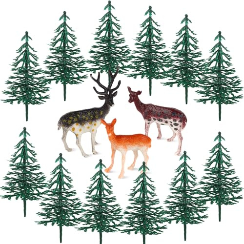 Hooqict 15Pcs Deer Christmas Tree Cake Topper with Tree Deer Figurines Hunting Cake Decorations for Winter Forest Woodland Birthday Party Supplies Animals Christmas Decorations