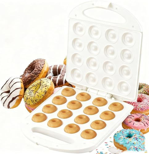 White Mini Donut Maker Compact Electric Doughnut Machine Bakes 16 Mini Donuts 1400W Practical Family Dessert Snack Appliance