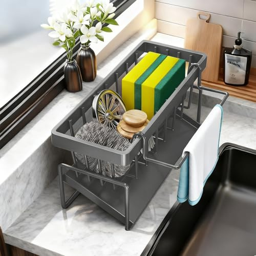 Wsetyy Kitchen Sink Caddy Organiser Rust-proof, Tidy Kitchen Sink Organiser with Self Draining Tray and Sponge Dishcloth Hanger, Countertop Storage