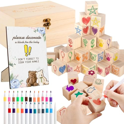 LADYSONS 78 Stück Babyparty Spiele Set – Kreatives Holz-DIY Spiel mit Markern, Lustige Aktivitäten für Gäste, Perfekt für Babyshower Junge & Mädchen, Interaktives Partyspiel zum Bemalen & Erinnern