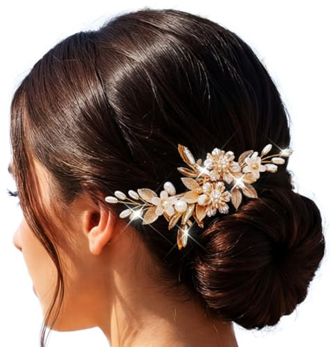 Handcess Bride Wedding Flower Hair Clip Gold Leaf Hair Barrettes Pearl Hair Piece Rhinestone Bridal Hair Accessories for Women