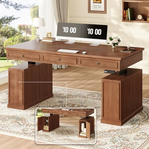 SEDETA Farmhouse Electric Standing Desk with 3 Drawers, 55.1 Height Adjustable Executive Office Desk with Storage Cabinet, Computer Sit Stand Up Desk with Power Outlets for Home Office (Brown)