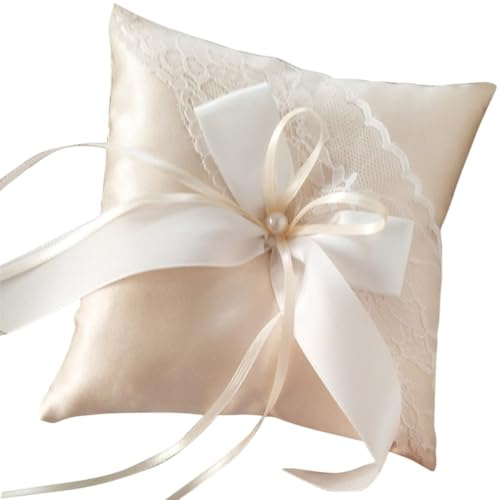 Housoutil Coussin pour Bague de Fiançailles Rond Décoré de Perles et Rubans en Satin et Coton Soie, Porte-Anneaux Élégant pour Décoration de Mariage et Occasions Spéciales