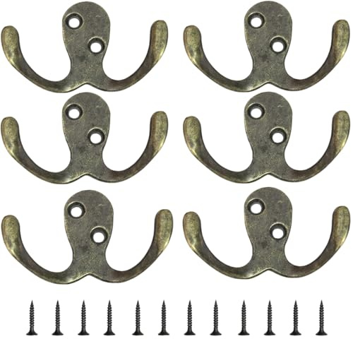 MAUDFEK 6 PCS Brass Coat Hook, Classic Door Coat Hooks, Wall Mounted Storage for Home Organisation in Entryway Bathroom Bedroom