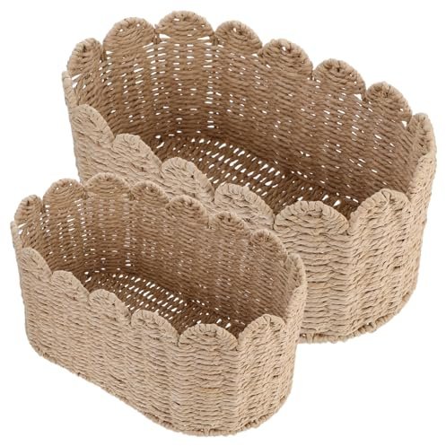 Cestini Intrecciati Set 2 Beige, Corda di Carta, Bordo Smerlato | Spezie, Libri, Ufficio, Soggiorno, Ferro, Facile da Pulire, Salvaspazio, Design Artigianale, Aspetto Unico