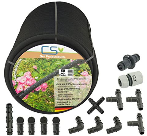 50m CS Perlschlauch Premium mit Zubehörset für nachhaltige Gartenbewässerung/Beetbewässerung/Hochbeetbewässerung mit Wasserdruck
