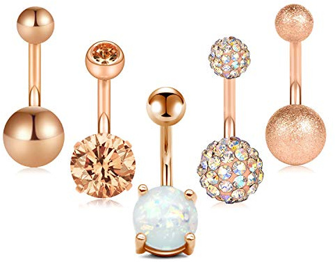 Crdifu 5er Bauchnabelpiercing 8mm Banane Set Chirurgenstahl 14 Gauge Bauchpiercing Piercing Bauchnabel Silber Rosegold
