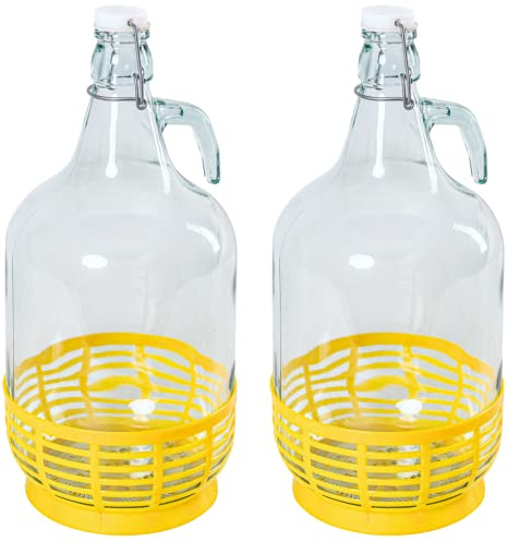 MIKONI 2 STÜCK Gärballon 5L mit BÜGELVERSCHLUSS und GELB Kunststoffkorb Flasche Glasballon Weinballon Bügelflasche