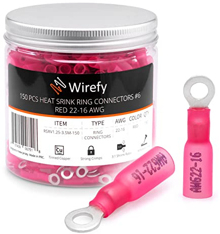 Wirefy 150 PZ Connettori Occhiello M3.5 - Kit Terminali Anello Termoretraibili - Capicorda Elettrici Crimpare - Rosso 0,34-1,5 mm²