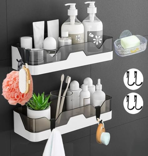 EigPluy 2 Pezzi Mensole Bagno,Mensola per Il Bagno Senza Foratura,Adesiva Rack Bagno a Montaggio a Parete,Mensola per Doccia Stoccaggio per Bagno/Cucina (con 1 Portasapone e 4 Ganci)