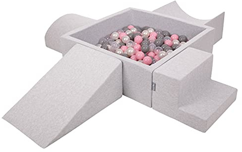 KiddyMoon Parque Infantil De Espuma con Cuadrada Piscina De Bolas (200 Bolas) para Niños, Gris Claro: Perla/Gris/Transparente/Rosa Clr