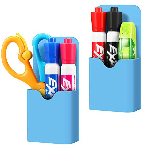 CASEBOT Magnetisch Markerhalterung – [2 Stück] Bleistift Magnetischer Marker Halter Whiteboard Stifthalter Schulbedarf für Schulleben Zuhause, Kühlschrank, Schließfach, Magnetische Oberflächen, Blau