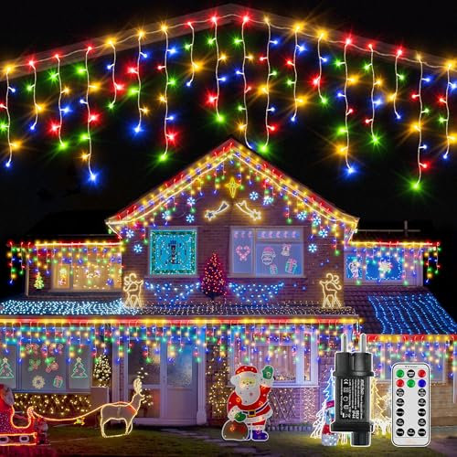 Ollny Eisregen Lichterkette Außen 15M 600 LED Lichterkette Außen bunt mit Stecker Fernbedienung Wasserdicht 8 Leuchtmodi Weihnachtsbeleuchtung Außen für Balkon Dachrinne Fenster Haus Geländer
