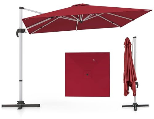 COSTWAY Sonnenschirm rechteckig 300 x 300 cm, großer Ampelschirm mit Kurbel, Gartenschirm neigbar, 360° drehbar, Terrassenschirm, Marktschirm für Garten, Terrasse, Balkon (Weinrot)