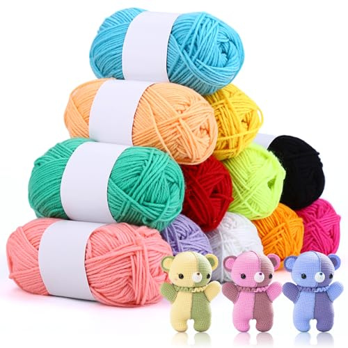 12x 10g Acrylic Yarn Knitting Wool Crochet Yarn, Ideal for Beginners, Kids Crafts, Small Projects