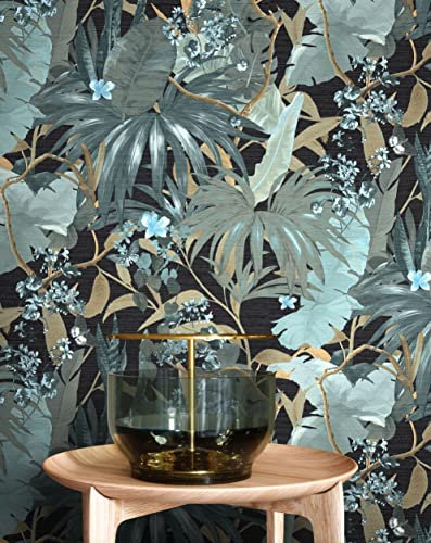 NEWROOM carta da parati Turchese Giungla Tessuto non Tessuto - Floreale Neri Beige Fiori Foglie Tropicale