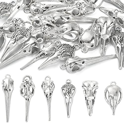 DanLingJewelry Packung mit 30 Stück, 6 Stile, antike silberne Raben-Schädel-Vogelkopf-Skelett-Anhänger für Halloween-Schmuckherstellung und Bastelarbeiten