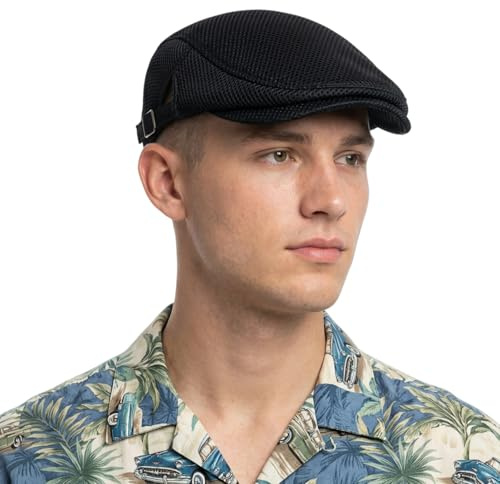 HIQIU Unisex Schirmmütze Baskenmütze Herren Atmungsaktiv Mesh, Flatcap Damen Sommer Gatsby Newsboy Barett Kappe, Schiebermütze Herren Sommer Hut Sportmütze Einstellbar 55 cm-60 cm (Schwarz)