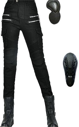 KHAMEO Femme Pantalon De Moto Protection Moto Pantalon Jeans De Moto Pantalon D'armure De Motard Pantalon De Protection Pour Vélo, 4 X Tapis De Protection (Black,S)