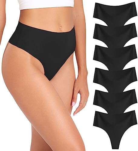 Wealurre Womens Underwear High Waisted Seamless Thongs for Women Breathable No Show Panties for Ladies 6 Pack (Black,XL)