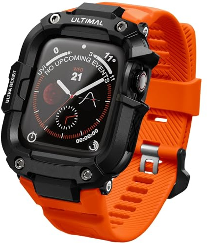 ULTIMAL Case with Band Compatible with Apple Watch Straps Series 9 8 7 45mm, Rugged Military Grade Protective Bumper Cover for iWatch Strap Men (45mm, Orange)