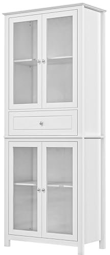 HOMCOM Alacena de Cocina Armario de Cocina con 1 Cajón 2 Estantes Ajustables y 4 Puertas de Vidrio Templado Diseño Clásico para Salón Comedor 74x35,5x181,5 cm Blanco
