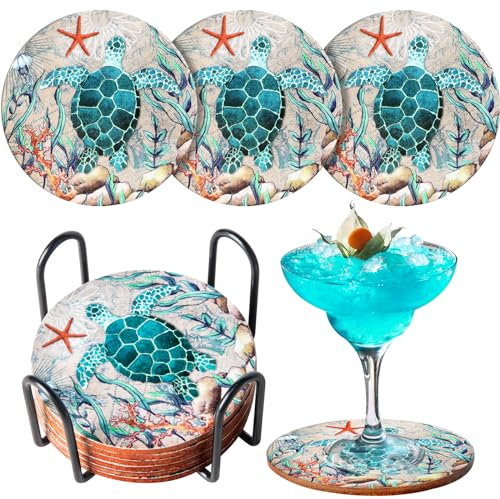 Lot de 6 dessous de verre pour boissons en liège avec support Motif tortue et vie océanique Décoration côtière Thème plage Tropical Épais Robuste Dessous de verre en liège pour pendaison de
