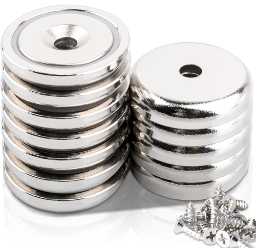 Imanes de neodimio superfuertes de 36 mm, fuertes con base redonda y agujeros, 12 unidades de imanes de tierras raras con agujeros avellanados y tornillo para manualidades de cocina, madera,