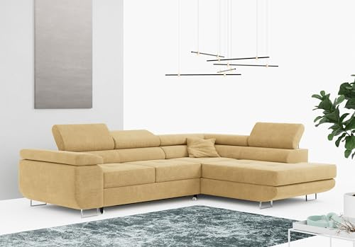 MKS MEBLE Ecksofa Wohnzimmer - Wohnlandschaft - Schlafsofa mit Bettkasten - Polstersofa mit Schlaffunktion - Stukture L Couch - Gustaw - Rechts - Gelb (Matana 09)