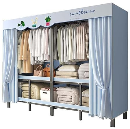 HUHJYUGE Stoffschrank mit Staubabdeckung, Stoffschrank mit Kleiderstange Stabil, Tragbarer Regalsystem, Freistehende Garderobe, Kleideraufbewahrungsorganisation, für Schlafzimmer, Wohnzimmer