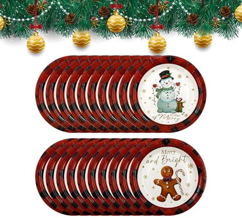Satiskid 20 Stück Weihnachtsparty Pappteller, 9 Zoll Einweg Lebkuchenmänner Pappteller für Weihnachtsparty, Dessertteller, Weihnachtsgeschirr Dekoration, Winterurlaub Xmas Party Zubehör (Rot)