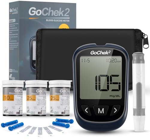 Glucosio nel sangue kit Glucometro Misuratore Glicemia GoChek2 Diabete Test Kit con indicatore pasto, 500 memorie, tester della glicemia con 50 strisce reattive e 50 lancette - mg/dL