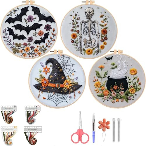 Broderisats Halloween, stämplade korsstygnskit Nålspetssats, Gotiskt Halloween-broderistartpaket for nybörjare, vuxna, DIY-korsstygnskit for vuxna med nålar och tråd ingår(4 set)