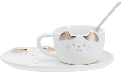 Huiyiwert Porzellan Espressotasse Set niedliche Katze Kaffeetasse mit Untertasse und Löffel 200ml Cappuccino Tasse Geschenk für Katzenliebhaber Geburtstag Muttertag (Weiß)