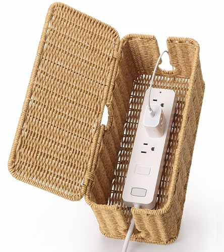 Handmade Cable Management Box Brown, Imitation Rattan Cord Organizer Cord Hider Box, Cable Organizer Box for Desk, Cord Management Box to Hide Cords and Power Strip L12.5'' W5'' H5.2''