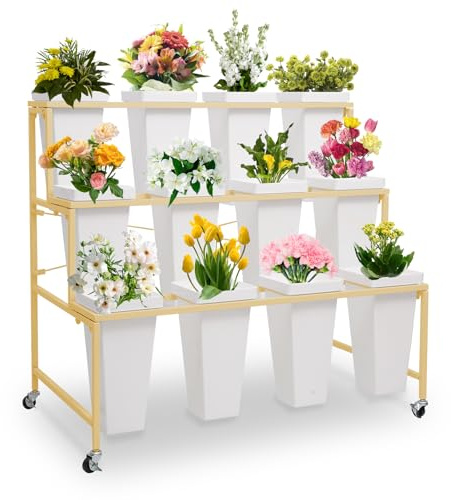 Flower Display Stands with Buckets, 3-Tier Rolling Plant Stand with Locking Wheels - Heavy Duty Metal Flower Cart for Indoor/Outdoor Use, Wedding Decor & Florist Displays (Holds 12 Pots) (Gold)
