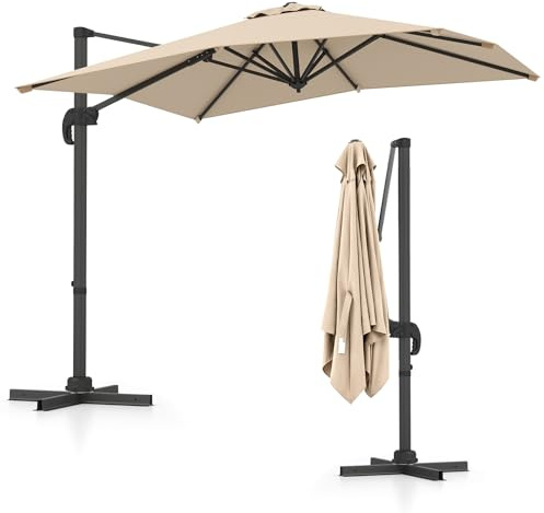 KOMFOTTEU Sombrilla de Jardín 250 x 250 cm, Parasol Terraza Exterior con Base Cruzada, Sombrilla de Patio Inclinable con Rotación de 360°, Poste de Aluminio y Manivela (Beige)