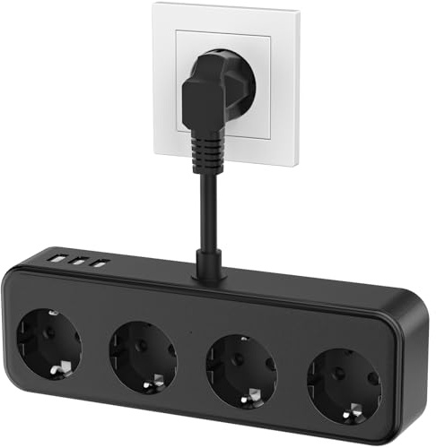 4 Fach Steckdosenleiste, Verteilersteckdose Wandmontage mit 3 USB, Doppelstecker für Steckdose Geeignet für Zuhause, Büro und Reisen, Schwarz