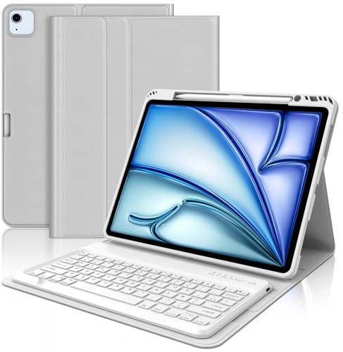 WAVATA Clavier pour iPad Air 13 M2 2024/M3 2025, iPad Pro 12.9 6e/5e/4e/3e Gén 2022/2021/2020/2018, Coque Clavier Magnétique Détachable Français AZERTY Layout, Gris Clair