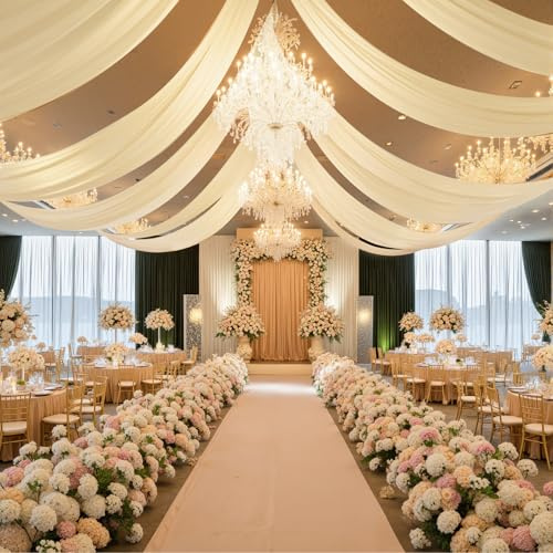 5ft×10ft Champagne Ceiling Drapes for Weddings Events Wrinkle-Free Polyester Ceiling Backdrop for Ten Canopy Church Stage Bedroom Decor 2 Panels 2.5×10ft