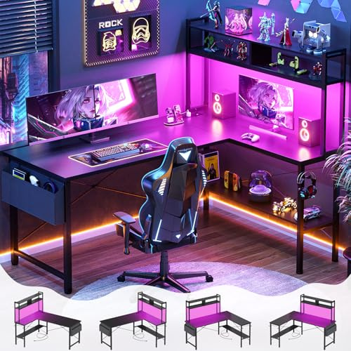 Aheaplus L Shaped Desk Gaming Desk, 59 L Shaped Computer Desk with LED Light & Power Outlet, Reversible Home Office Desk Gamer Desks with Shelves & Storage Bag & Hooks, Corner PC Desk, Black