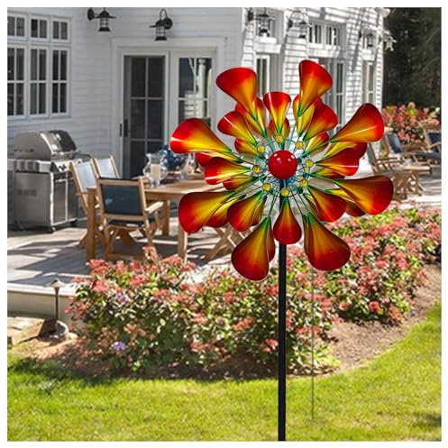 Hazomeu Windrad Metall Garten 57cm Rotor-Durchmesser Windrad Große Kinetische Windskulptur aus Metall Windmühle für Terrasse und Garten