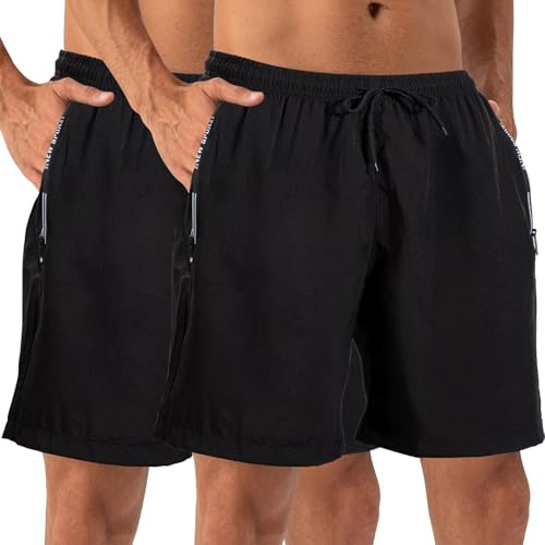 Fjquamitix 2 Pack Gym Shorts Men with Zip Pockets,Breathable Mens Running Training Casual Activewear Sports Shorts Elasticated Waist (UK, Alpha, M, Regular, Regular, Black)
