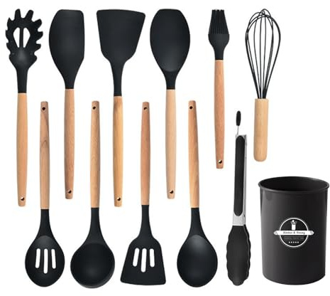 12-teiliges Silikon-Kochlöffel-Set – hitzebeständig & antihaft | 12-teiliges Küchenhelfer-Set aus Silikon hitzebeständig antihaftbeschichtet mit Holzgriff spülmaschinengeeignet für Kochen