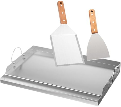 Grillplatte Set, 58 x 40cm Plancha Grillplatte mit Grillspachtel & Grillschaber, BBQ Edelstahl Grillplatte mit Verbrühschutzgriff und Grillspatel mit Buchengriff, für Gasgrill Kohlegrill Grillwagen