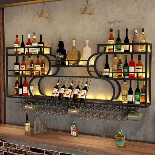 Weinregal Moderne Wandmontierte LED beleuchtete 3-stufige eiserne Weinflaschenregal Bareinheit Schwimmendes Regal Invertiertes Weinglasregal Multifunktionales Weinaufbewahrungsregal für Home